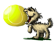 Un cane cartone animato con una pallina da tennis in bocca.