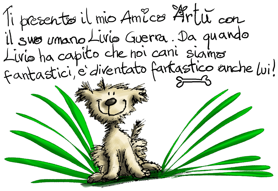 Un disegno di un cane seduto sull'erba.