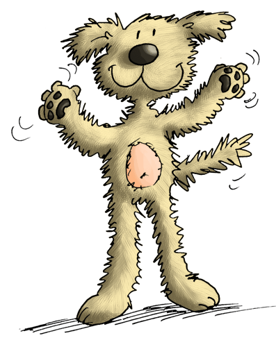 Un cane cartone animato con le braccia tese.