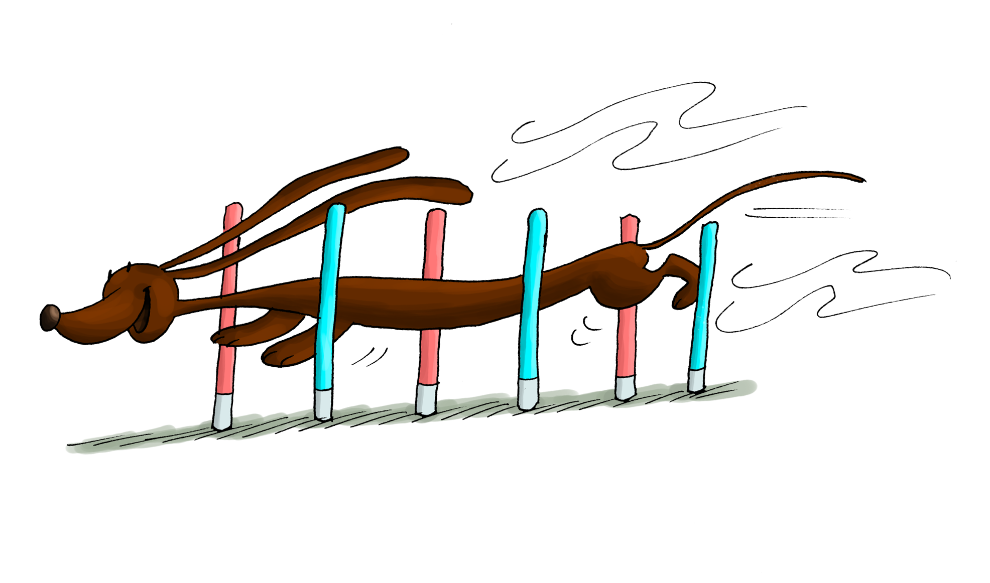 Una vignetta di un bassotto con dei bastoni in bocca.