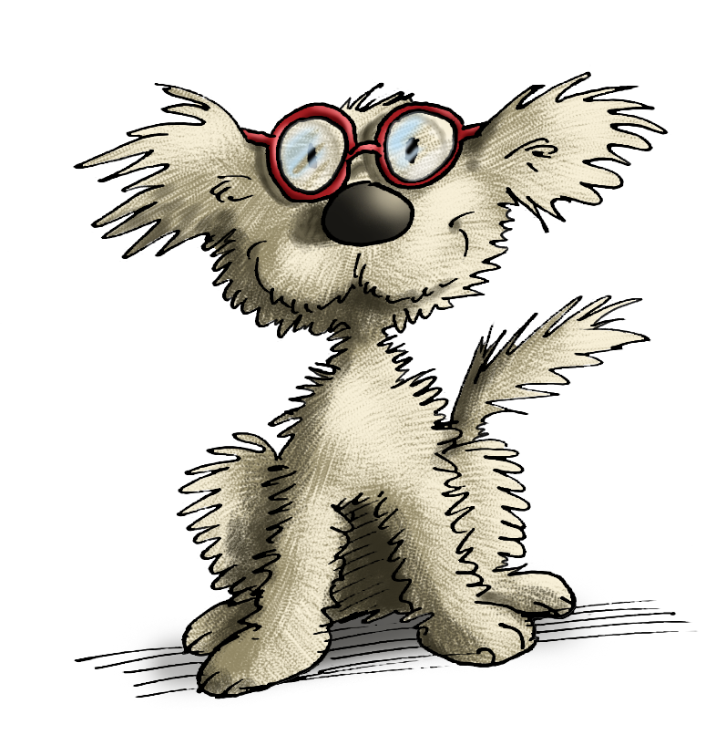 Un cane cartone animato con gli occhiali.