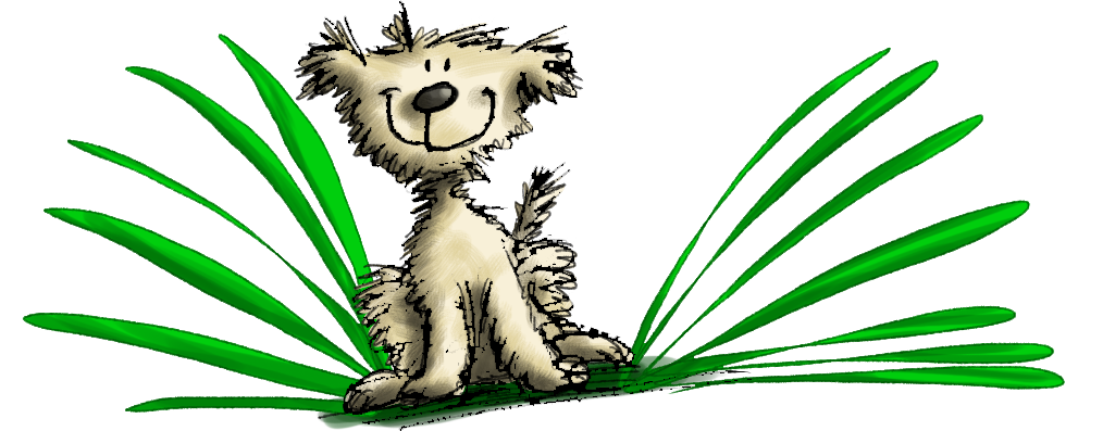 Un cane cartone animato seduto in erba con uno sfondo verde.