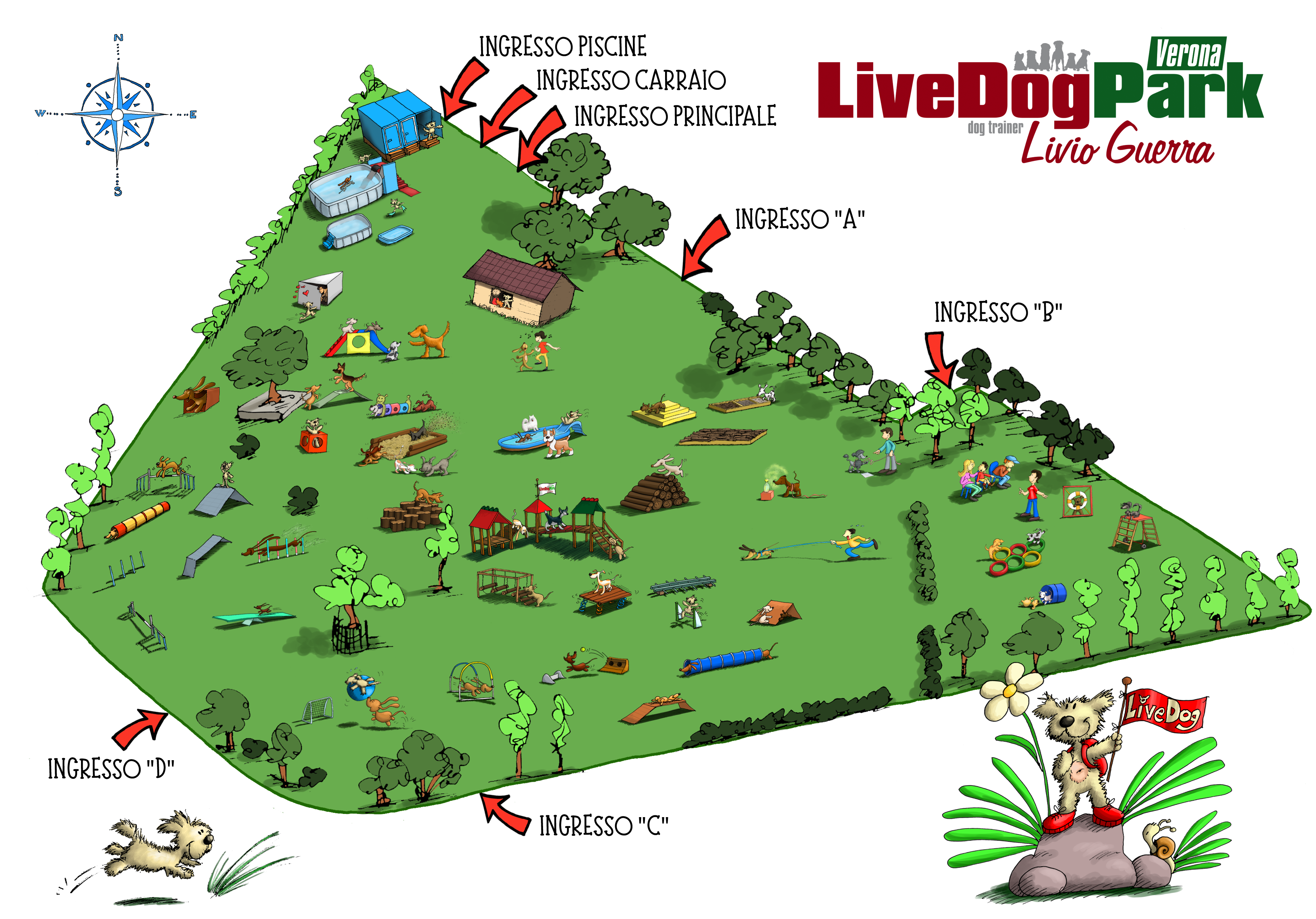Mappa illustrata del LiveDog Park di Verona, con diverse strutture gioco per cani, alberi, un laghetto e percorsi per cani e padroni. Il parco ha una pianta triangolare con diversi punti di ingresso.