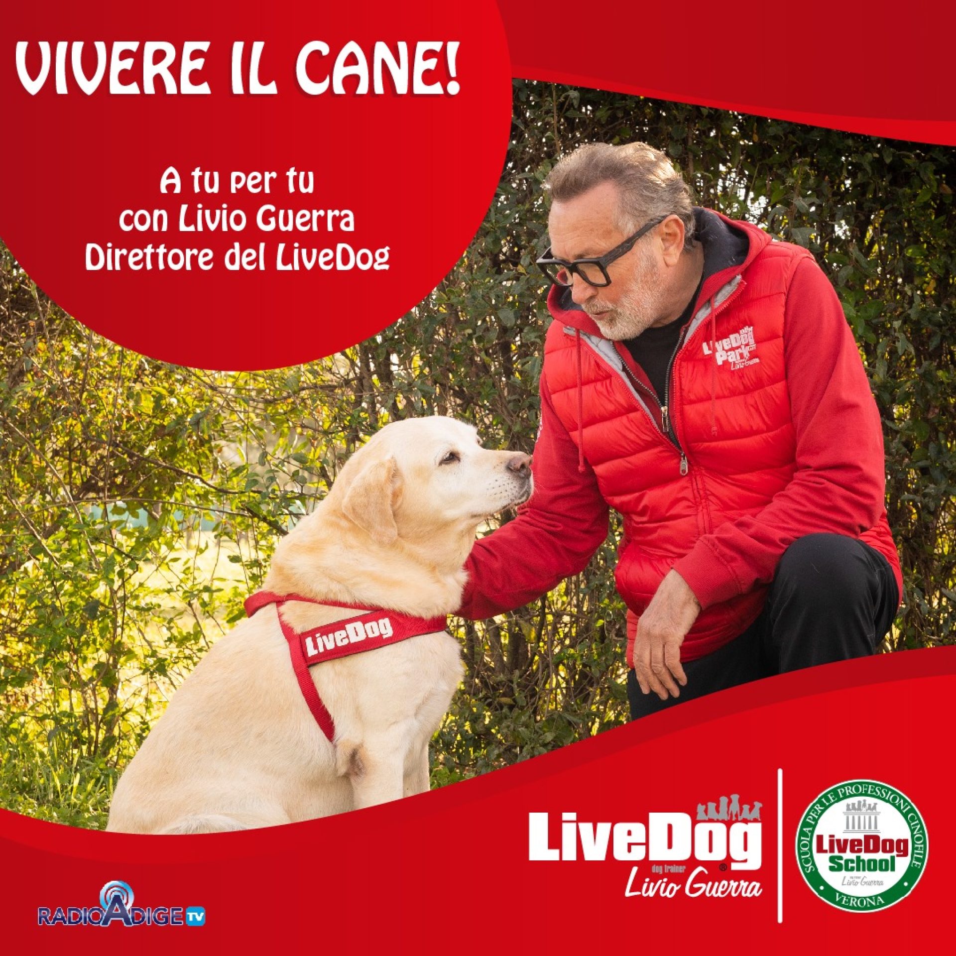 Un uomo con giacca rossa e occhiali si inginocchia accanto a un Labrador giallo che indossa un'imbracatura rossa. L'immagine include vari loghi e testo in italiano.